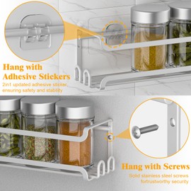 LUCYCAZ 2 Pack Wall Mounted Spice Rack with 8 Hooks, Spice Rack Organizer for Cabinet Pantry Door,Screw or Adhesive Spice Shelf Hanging Wall Spice Rack for Spice Jars and Seasonings (White)