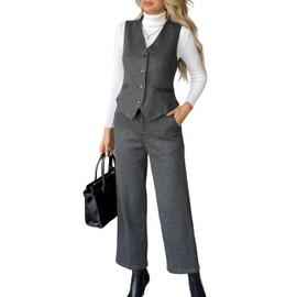 Women's 2 Piece Outfits Wool Blend Vest Waistcoat Dressy Casual Sets Winter Crop Wide Leg Pants Suits Darkgrey