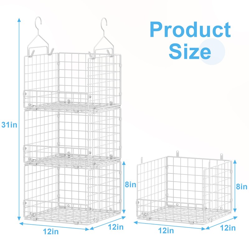 3-Tier Hanging Closet Organizer with 5 S Hooks, Closet Shelves