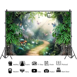 7x5ft Spring Enchanted Forest Backdrop Fairy Tale Wonderland Colorful Butterfly Green Leaves Photography Background Kids Girl Birthday Party Decorations Portraits Banner Photo Studio Props