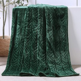 Whale Flotilla Cuddly Blanket with Leaves Pattern, Warm Sofa Blanket, Super Soft and Cuddly Flannel Blanket, 130 x 150 cm, Dark Green