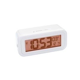 Bresser DCF Funkwecker MyTime Amber mit bernsteinfarbener, einstellbarer Hintergrundbeleuchtung bei mit Batteriebetrieb, Alarm und Temperaturanzeige, weiß