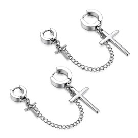 Flongo Stainless Steel Double Cross Cartilage Piercing Hinged Hoop Stud Earring Ear Cuff Set, 1 Pair