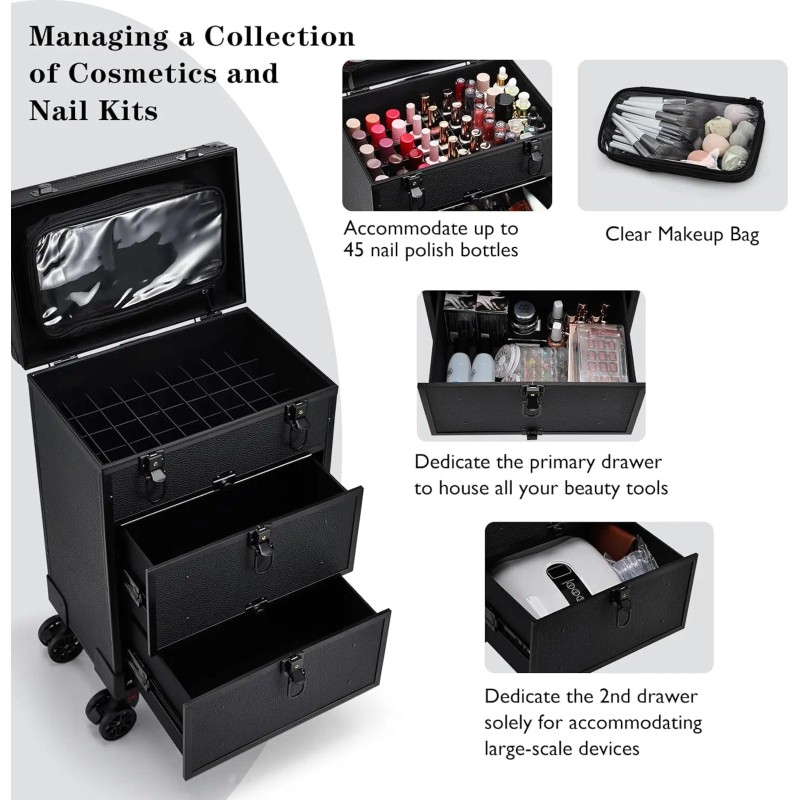Leather Rolling Makeup Train Case with Wheels 2 Drawers Professional