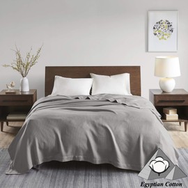 Madison Park Egyptian Cotton Luxury Blanket Grey 66x90 Twin Size Knit Premium Soft Cozy 100% Cerified Egyptian Cotton For Bed, Couch or Sofa
