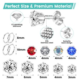 Zygc 58 Pcs Professional Ear Piercing Kit with 20 Pairs of Silver Cubic Zirconia Stones Ear Stud Earrings Hoop Earrings with Multi Purpose Black Reusable Ear Piercing Gun for Salon and Home Piercings