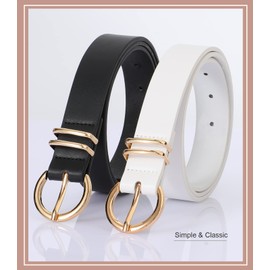 WHIPPY 2 Pack Women's Leather Belts for Jeans Dresses, Fashion Gold Buckle Ladies Waist Belt, Black+White, M:Fit Waist Size 32-37 inches