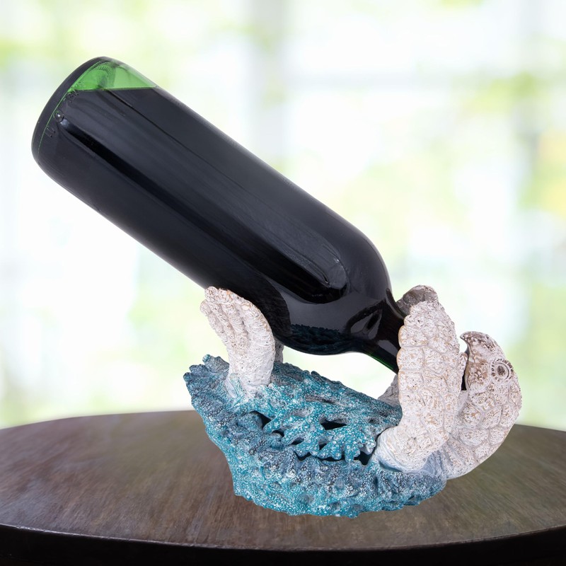 Decorative Sea Turtle Wine Bottle Holder, Beach House Decor (Aqua)