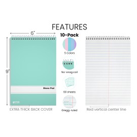 Better Office Products Spiral Steno Pads, 10 Pack, 6 x 9 inches, 80 Sheets, White Paper, Gregg Rule, Assorted Pastel Color Covers, 10 Steno Notebooks