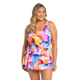Maxine Of Hollywood Women's Standard Seam Front Swim Dress One Piece Swimsuit, Multi//Watercolor Bliss