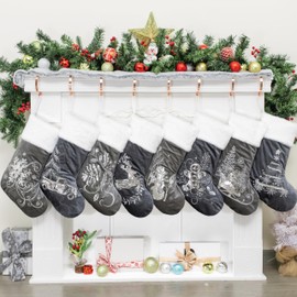 JEKOSEN Christmas Stockings Holiday Blue Stockings Set of 8 Velvet Elegant Stockings for Christmas Decoration Embroidered Stockings