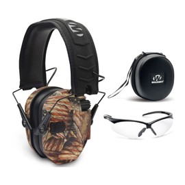 Walkers Razor Slim Electronic Hearing Protection Muffs (Sound Amplification & Suppression) with Protective Case and Shooting Glasses (American Flag) Bundle