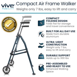 Vive Lightweight Walker for Seniors - Narrow, Folding Walker w/Wheels for Small & Tight Spaces - Light Weight for Balance, Compact Doorways, Foldable - Portable & Collapsible for Travel