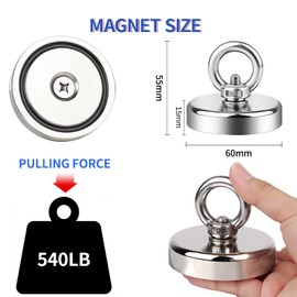 Powmag Magnet 245 kg Tensile Force, Neodymium Eyelet Magnet Diameter 75 x Height 18 mm, High Performance Magnet Ideal for Magnet Fishing, Magnet Strong Large with Eye Bolt and Countersunk Hole for