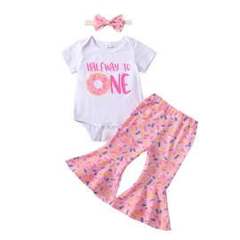 Lamuusaa Infant Baby Girls Birthday Outfits Halfway To One Romper Shirts Doughnut Shorts/Flared Pants Headband Set