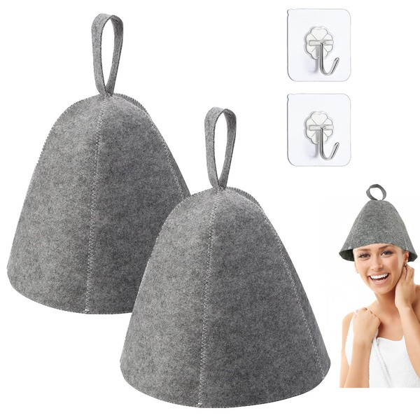 SwirlColor Sauna Hat for Men and Women, 2 Pcs Large Thickened Grey Sauna Cap Wool Felt Hat for Sauna Shower Sauna Accessories with 2 Hooks