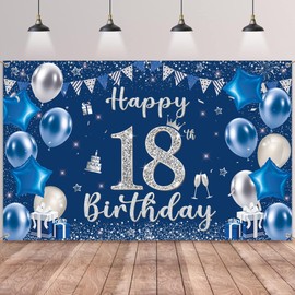 18th Birthday Decorations Backdrop Banner - Blue Silver Happy 18th Birthday Banners Decor for Boys Girls, Large Photo Backdrop Background for 18 Years Old Party Supplies(180x110cm)