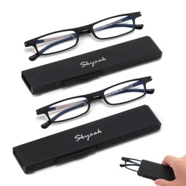 2 Pack Ultra Thin Lightweight Folding Reading Glasses Women Men TR90 Blue Light Blocking Anti UV/Eyestrain Foldable Compact Computer Readers Portable Unique Stretchable Slim Flat case Black +2.25