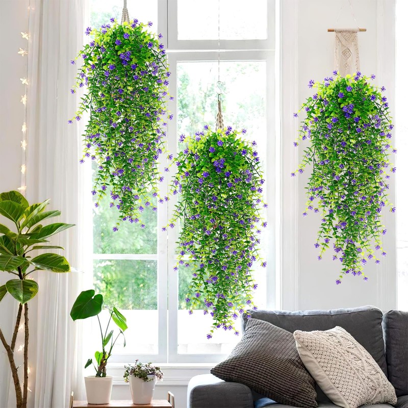 DEMIUKO 4PCS Artificial Hanging Flowers Plants Outdoor, Fake Vine Plant