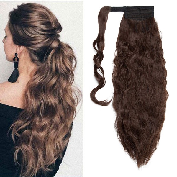 Clip-In Ponytail Braid Hair Extension, Wavy Wrap Around Corn Wave Ponytail Extensions, Magic Paste Hairpiece Like Real Hair, 20 Inches (50 cm) - Medium Brown