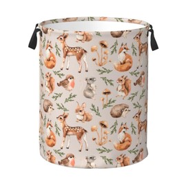 Jbofyee Forest Little Animal Laundry Hamper Bag, Deer Squirrel Hedgehog Fox Round Laundry Basket Foldable Clothes Storage Organizer For Bathroom Bedroom Nursery Dorm, S-16.5"X 13.8"