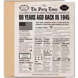 DUGUTUL Vintage 80th Birthday Card, 80 Birthday Decoration, Happy 80th, Nostalgic Birthday Card for 80 Years Old Men Women, Retro 80th Birthday Party Decoration, Envelope Included