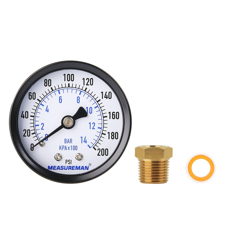 Measureman 2" Well Pump Pressure Gauge, 0-200psi/bar, 1/4" NPT Male