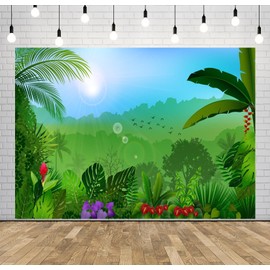 Loccor 9x6ft Fabric Cartoon Rainforest Backdrop Jungle Green Tropical Leaves Botanical Background Natural Forest Backdrop Kids Jungle Safari Theme Birthday Party Decorations Photo Props
