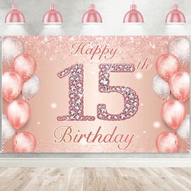 Happy 15th Birthday Rose Gold Banner Cheers to 15 Years Old Backdrop Confetti Balloons Theme Decor for Girls 15 Years Old Pink Birthday Party Decorations Bday Supplies Background Favors Gift Glitter