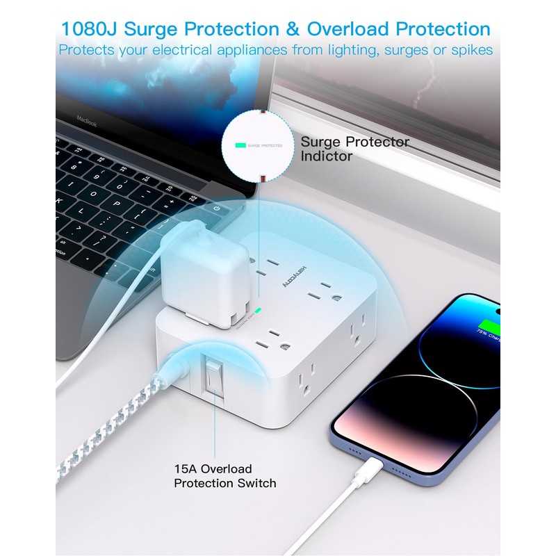 Surge Protector Power Strip - HANYCONY 8 Outlets 4 USB