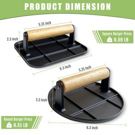 GGHHFA Burger Press,Smash Burger Press for Griddle with Wood Handle,Burger Smasher for Grill, Steak Bacon Smasher for Camping (Round & Square)