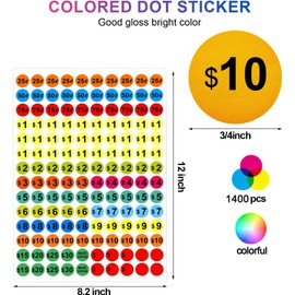 Removable Garage Sale Price Stickers, 1400 PCS 3/4 Inch Price Stickers for Yard Sales, Flea Markets, County Fairs & Retail Use, Pricemarker Labels, Colours Round Price Tags