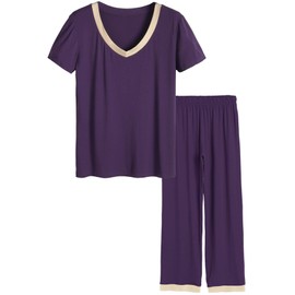 Latuza Women's V-neck Sleepwear Short Sleeves Top with Pants Pajama Set (Medium, Eggplant)