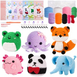 Crochet Kit For Beginners, Beginner Crochet Kit For Kids and Adults, 6 Pcs Crochet Animal Kits with Step-by-Step Video Tutorials,DIY Crochet starter Kit ,Easy Knitting Set for Beginners (40%+ Yarn)