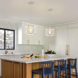 XSDeTu 2 Pack Pendant Lights for Kitchen Island, Modern Pendant Lighting with White Hexagonal Cage, Vintage Metal Ceiling Lights, Adjustable Lantern Hanging Light Fixture for Foyer Entryway Bedroom