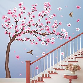 DECOWALL SG4-2306 Large Cherry Tree Wall Sticker Cherry Blossom Flowers Pink Wall Sticker Bedroom Living Room Children's Room Wall Decoration (H:141.4 cm/55.7 Inches)