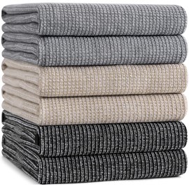 Mordimy Premium Kitchen Towels 6 Pack (18 x 28 Inches, Grey/Khaki/Black), Large Cotton Flat & Terry Kitchen Hand Towel, Super Absorbent Tea Dishtowels Set with Hanging Loop