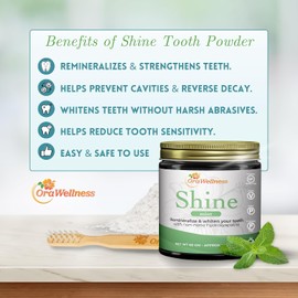 OraWellness Shine Remineralizing Natural Teeth Whitening Powder, Tooth Stain Remover and Polisher With Kaolin Clay Powder, Fresh Mint
