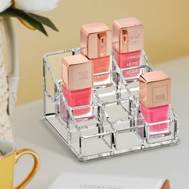 Amazing Abby - Glamour - 9-Slot Acrylic Nail Polish Organizer, Lipstick Holder, Lip Gloss Organizer, Cosmetic Storage Display, Perfect Storage Solution for Drawer, Vanity, Bathroom, and More