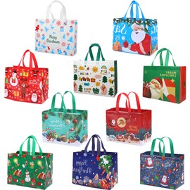 10 Pack Large Christmas Gift Bags Reusable Xmas Non-Woven Tote Bags Christmas Shopping Bags with Handle for Christmas Treat Bag, Gift Wrapping Bags Xmas Holiday Party Supplies
