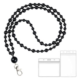 Black Pearl Lanyard for ID Badges Name Tag and Keys for Women Light Weight Acrylic Faux Pearls Sweet Teacher Lanyards Holder 25in
