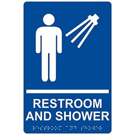 ComplianceSigns.com Restroom Sign, ADA-Compliant Braille and Raised Letters, 9x6 in. White on Blue Acrylic with Adhesive Mounting Strips