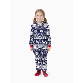 PATPAT Matching Christmas Pajamas for Family Blue Elf Print Xmas Holiday Hooded PJs One Piece Zipper Loungewear Sleepwear Kids 6-7 Years