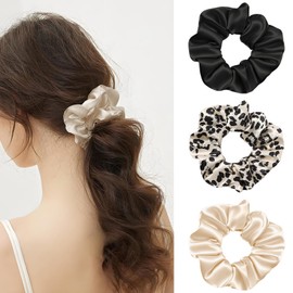 PUSCOBSY Silk Scrunchies for Women, Silk Scrunchie for Sleeping without Hair Breakage, Soft Mulberry Silk, Hair-friendly Hair Bobbles for Thick and Thin Hair, Pack of 3, Black Leopard Champagne