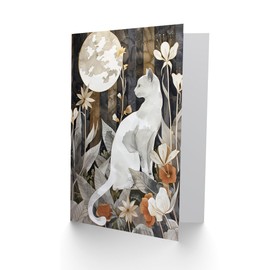 Artery8 Greeting Card Cat Lover Floral Forest Full Moon Watercolour Blank For Him Or Her Art Birthday Card