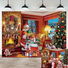 Santa Claus Backdrop Christmas Tree Winter Snow Window Christmas Fireplace Xmas Sock Toy Photography Background Xmas Indoor Outdoor Winter New Year Christmas Party Decoration (7x5FT)
