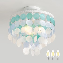 TRIBILLION 13.8" Natural Capiz Shell Chandelier 3 Light Mini Chandelier Boho Ceiling Light Entryway Light Fixture for Girls' Bedroom Hallway Living Room Dinning Room Brushed White Bulb Included
