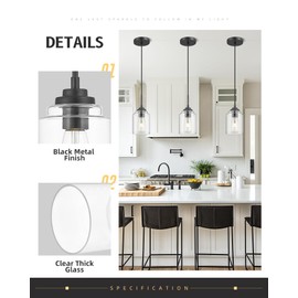 AUTELO Pendant Lights Kitchen Island, 1-Light Pendant Lights in Black Finish with Clear Glass, Industrial Pendant Light Fixtures, Black Hanging Lamp for Kitchen Island, Dining Room H7010 BK