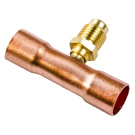 C&D CD8412/2 tee with 1/4" m. Flare Access on 1/2" Copper Tube, swaged at Each end for 1/2" OD Tube, CD2250 Brass Wrench Cap and Valve core