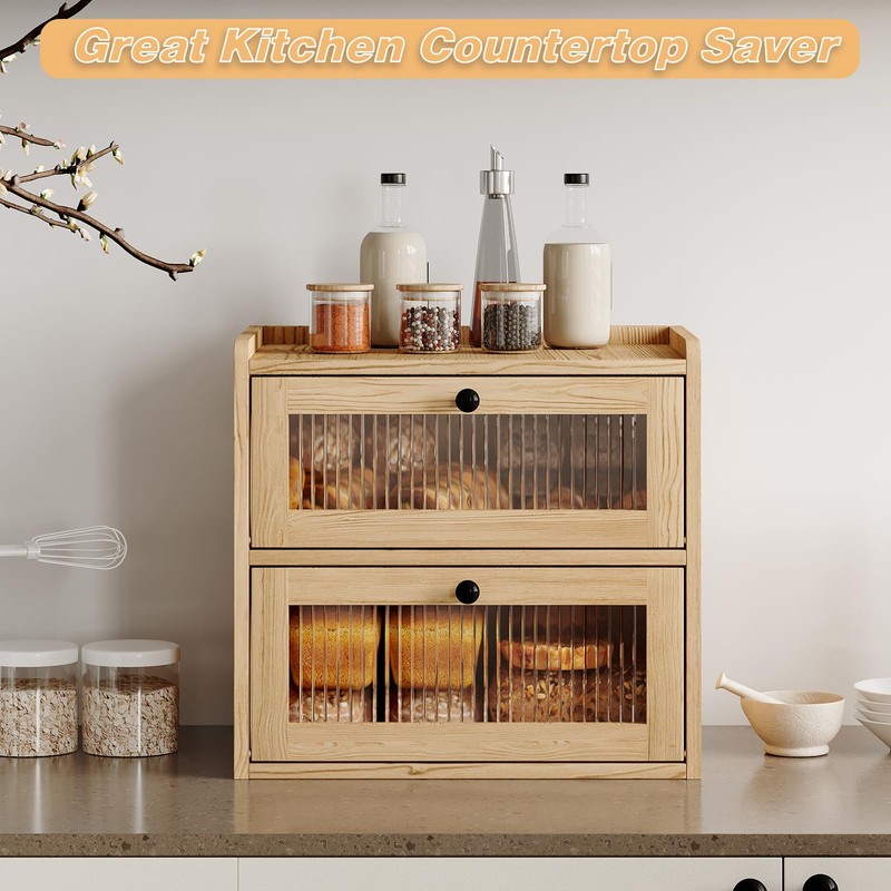 Alpeir Double Layer Large Bread Box for Kitchen Counter, Wooden